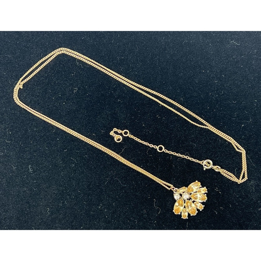 Gold Tone Amber Rhinestone Floral Statement Pendant Necklace 31 In